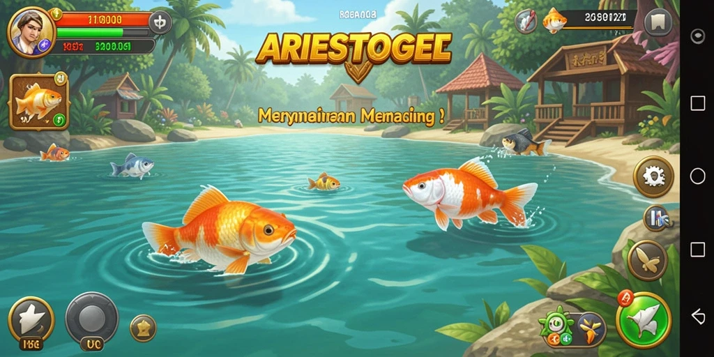 Tampilan gameplay ARIESTOGEL yang memukau dengan suasana memancing.