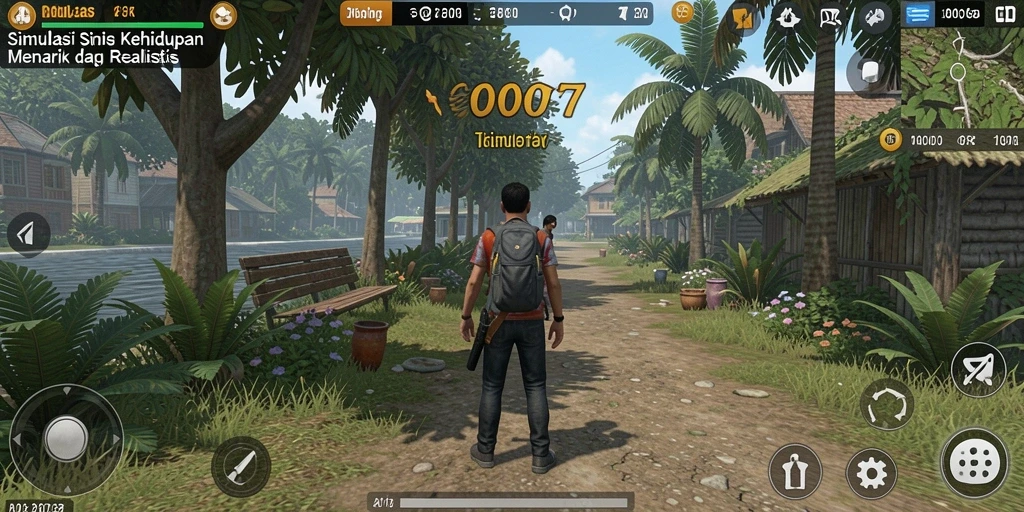 Screenshot C0077 menampilkan karakter yang berinteraksi dalam dunia simulasi yang kaya.