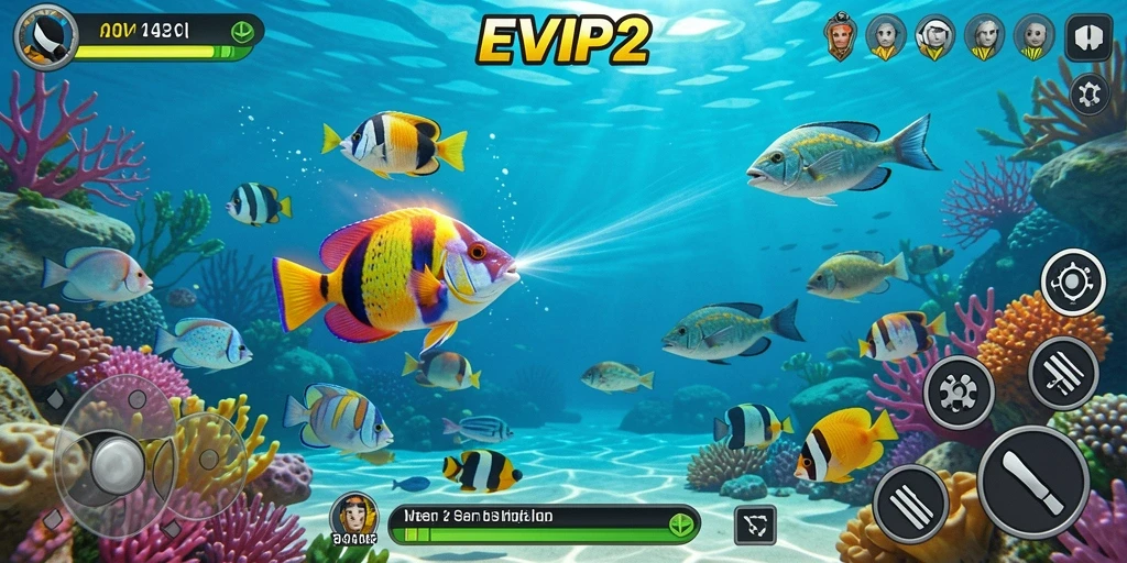 Tampilan gameplay <strong>EVIP2</strong> yang menggugah selera dengan aksi menembak ikan.