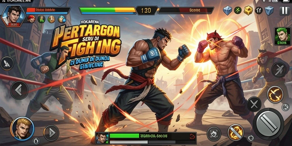 Gameplay HOKIARENA menampilkan pertarungan mendebarkan antara karakter unik.
