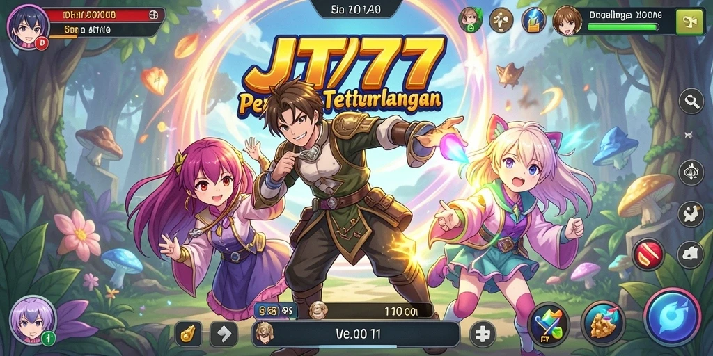 Tampilan screenshot gameplay JT777 dengan karakter anime yang dinamis.