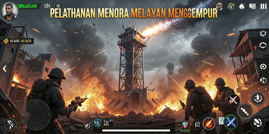 Tampilan gameplay RAJACAIR dengan strategi menara yang mendebarkan.