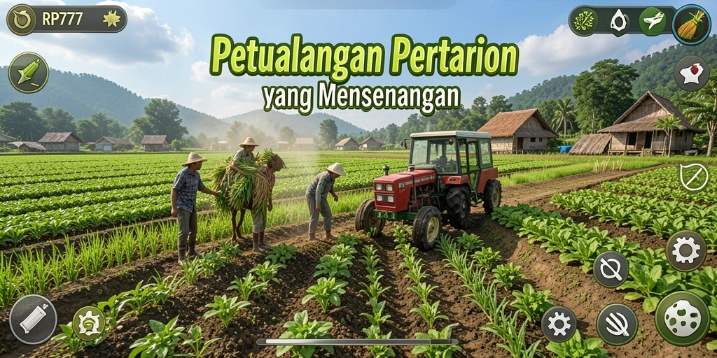Tampilan gameplay RP777 dengan aktivitas bertani yang aktif.