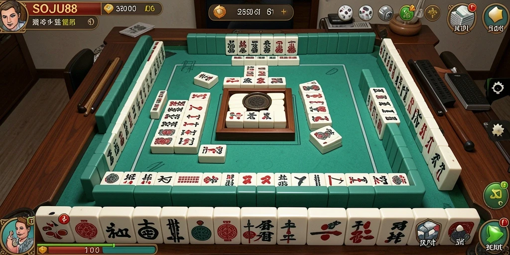 Tampilan gameplay menarik dari SOJU88 yang menunjukkan papan Mahjong.